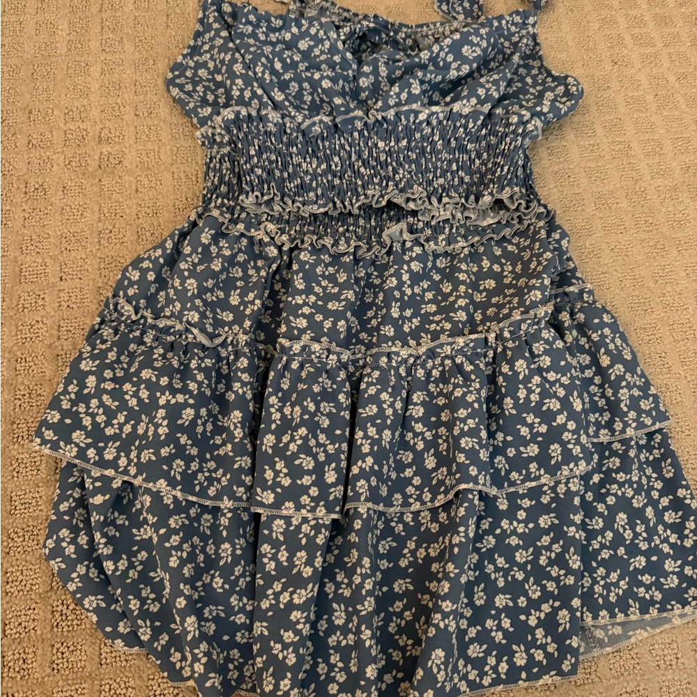 Blue Floral Smocked Tiered Dress for Kids